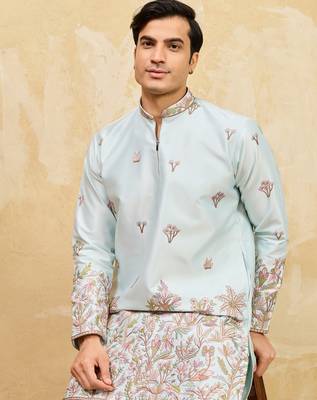 Pistachio viscose silk multi thread & sequence embroidered work kurta 3