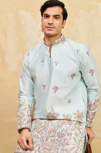Pistachio viscose silk multi thread & sequence embroidered work kurta