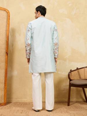 Pistachio viscose silk multi thread & sequence embroidered work kurta 4