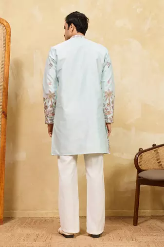 Pistachio viscose silk multi thread & sequence embroidered work kurta