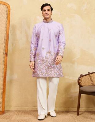 Lavender viscose silk multi thread & sequence embroidered work kurta 1