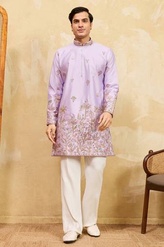 Lavender viscose silk multi thread & sequence embroidered work kurta
