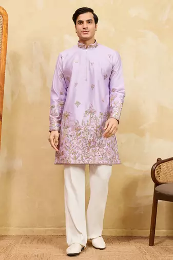 Lavender viscose silk multi thread & sequence embroidered work kurta