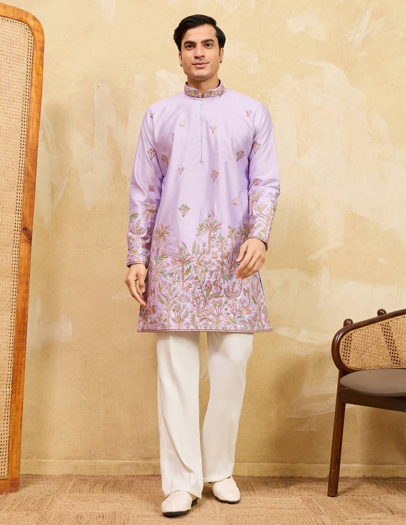 Lavender viscose silk multi thread & sequence embroidered work kurta