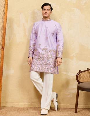 Lavender viscose silk multi thread & sequence embroidered work kurta 2