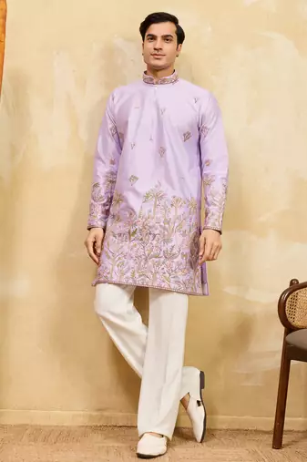 Lavender viscose silk multi thread & sequence embroidered work kurta