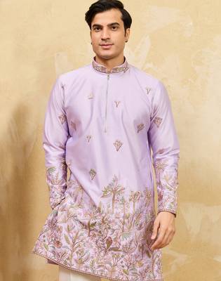 Lavender viscose silk multi thread & sequence embroidered work kurta 3