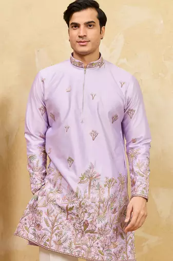 Lavender viscose silk multi thread & sequence embroidered work kurta