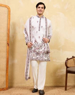 White viscose silk thread & sequence embroidered work kurta with dupatta 1
