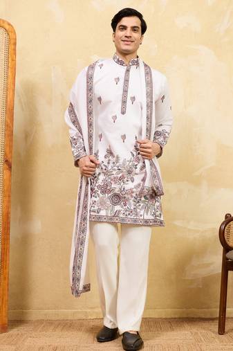 White viscose silk thread & sequence embroidered work kurta with dupatta