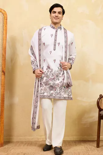White viscose silk thread & sequence embroidered work kurta with dupatta