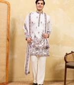 White viscose silk thread & sequence embroidered work kurta with dupatta