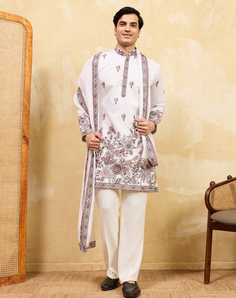 White viscose silk thread & sequence embroidered work kurta with dupatta