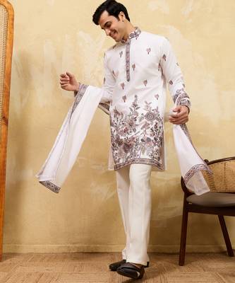 White viscose silk thread & sequence embroidered work kurta with dupatta 2