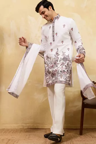 White viscose silk thread & sequence embroidered work kurta with dupatta