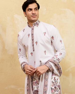 White viscose silk thread & sequence embroidered work kurta with dupatta 3