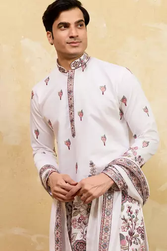 White viscose silk thread & sequence embroidered work kurta with dupatta
