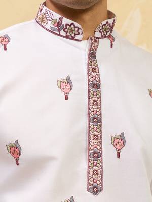 White viscose silk thread & sequence embroidered work kurta with dupatta 4