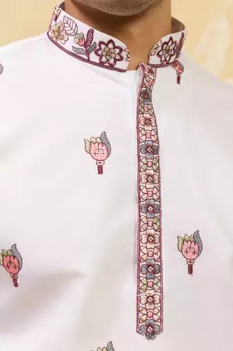 White viscose silk thread & sequence embroidered work kurta with dupatta