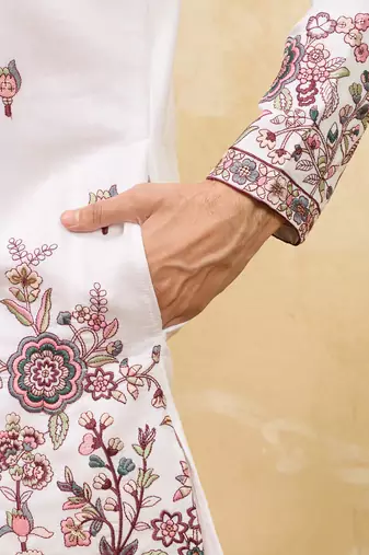 White viscose silk thread & sequence embroidered work kurta with dupatta