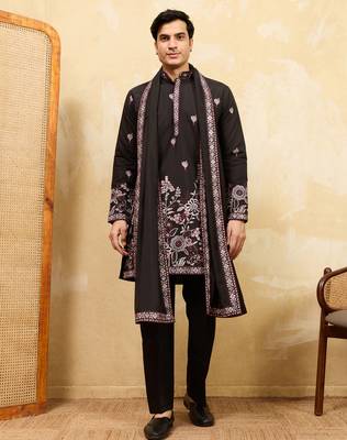 Black viscose silk thread & sequence embroidered work kurta with dupatta 1
