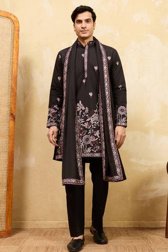 Black viscose silk thread & sequence embroidered work kurta with dupatta
