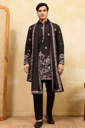 Black viscose silk thread & sequence embroidered work kurta with dupatta