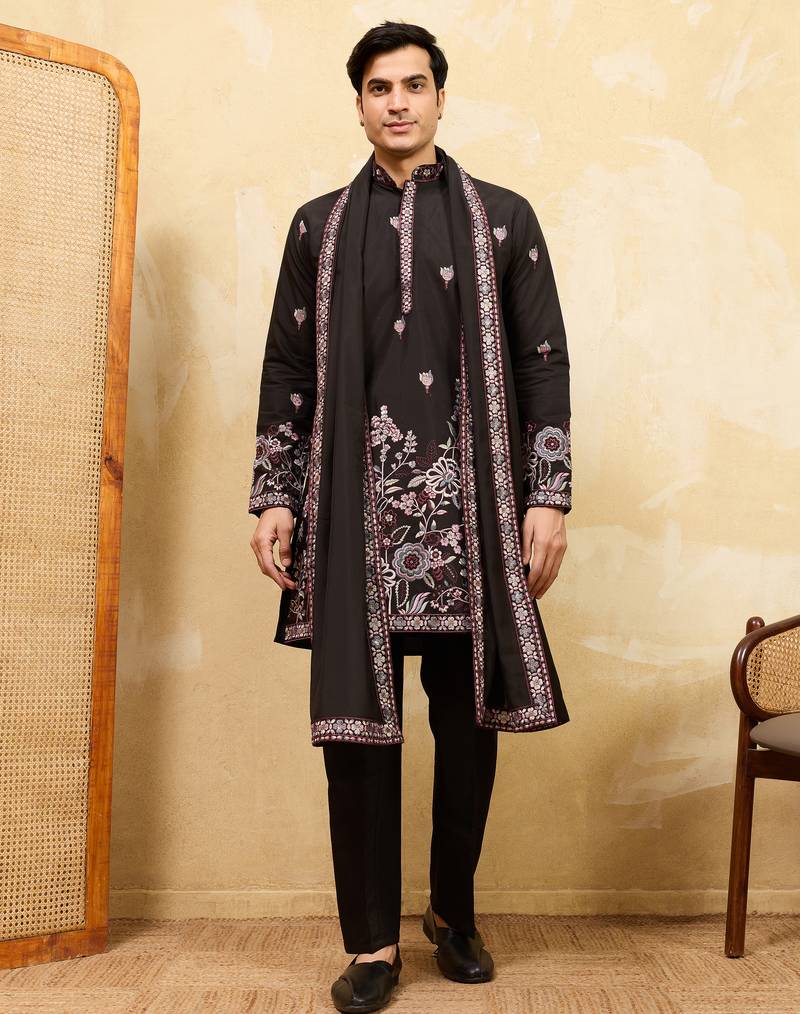 Black viscose silk thread & sequence embroidered work kurta with dupatta