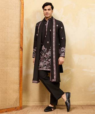 Black viscose silk thread & sequence embroidered work kurta with dupatta 2