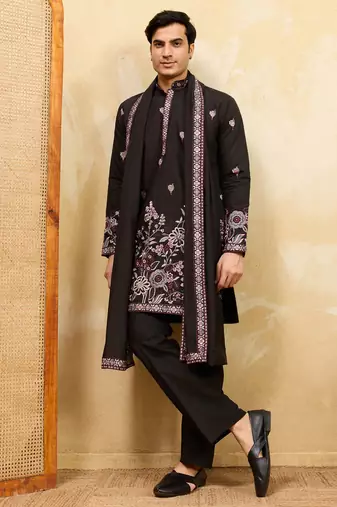 Black viscose silk thread & sequence embroidered work kurta with dupatta