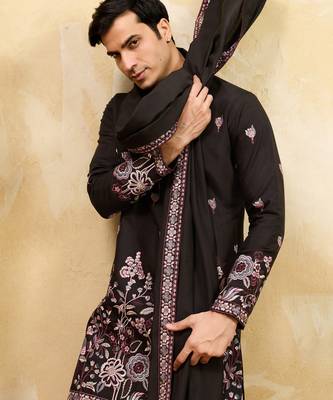 Black viscose silk thread & sequence embroidered work kurta with dupatta 3