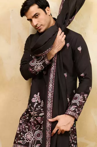 Black viscose silk thread & sequence embroidered work kurta with dupatta