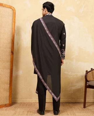 Black viscose silk thread & sequence embroidered work kurta with dupatta 4