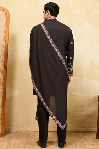 Black viscose silk thread & sequence embroidered work kurta with dupatta