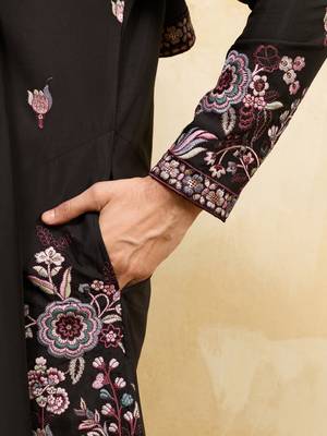 Black viscose silk thread & sequence embroidered work kurta with dupatta 5