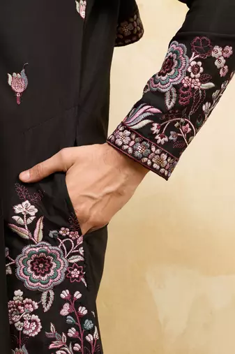 Black viscose silk thread & sequence embroidered work kurta with dupatta