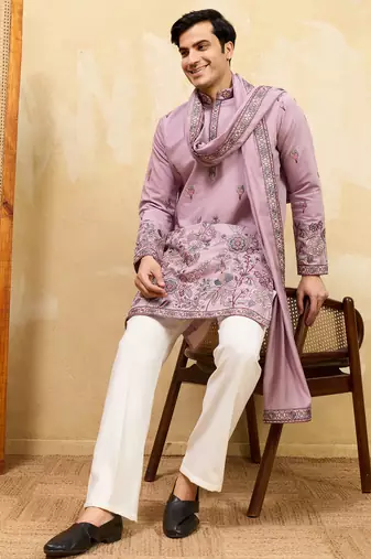 Pink viscose silk thread & sequence embroidered work kurta with dupatta