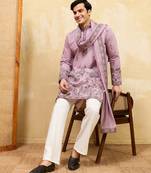 Pink viscose silk thread & sequence embroidered work kurta with dupatta