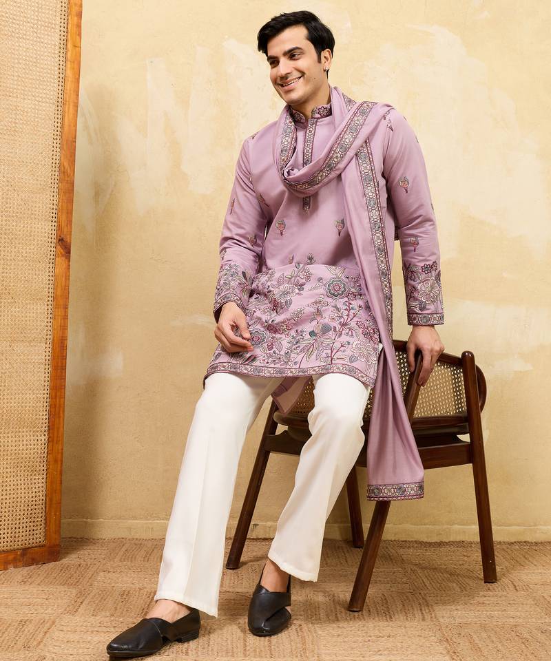 Pink viscose silk thread & sequence embroidered work kurta with dupatta