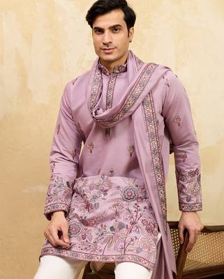 Pink viscose silk thread & sequence embroidered work kurta with dupatta 2