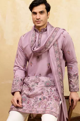 Pink viscose silk thread & sequence embroidered work kurta with dupatta