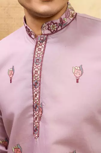 Pink viscose silk thread & sequence embroidered work kurta with dupatta