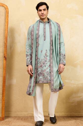 Pistachio viscose silk thread & sequence embroidered work kurta with dupatta