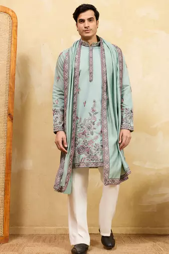 Pistachio viscose silk thread & sequence embroidered work kurta with dupatta