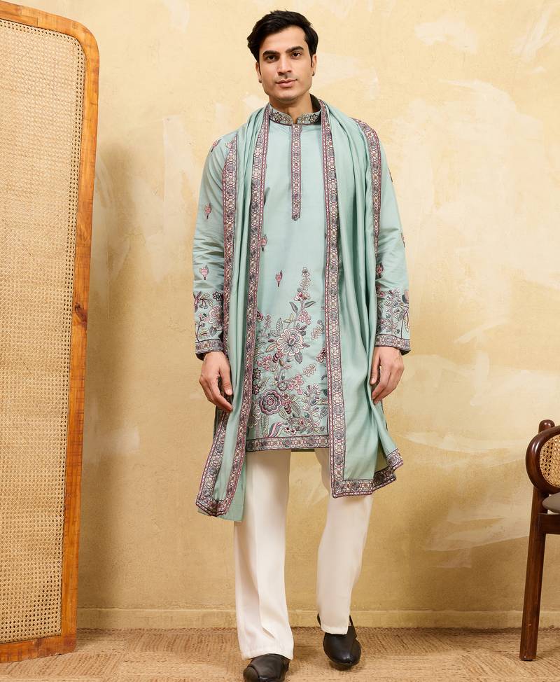 Pistachio viscose silk thread & sequence embroidered work kurta with dupatta