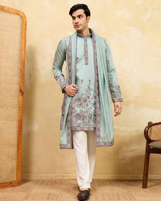 Pistachio viscose silk thread & sequence embroidered work kurta with dupatta 2