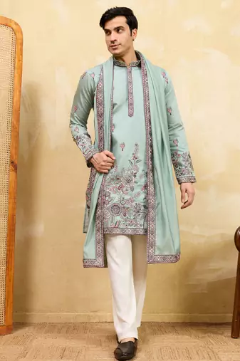Pistachio viscose silk thread & sequence embroidered work kurta with dupatta