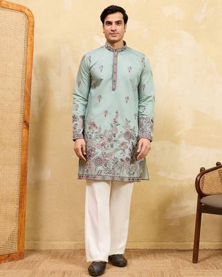 Pistachio viscose silk thread & sequence embroidered work kurta with dupatta 3