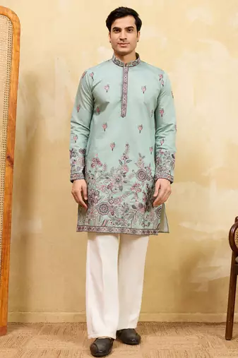 Pistachio viscose silk thread & sequence embroidered work kurta with dupatta