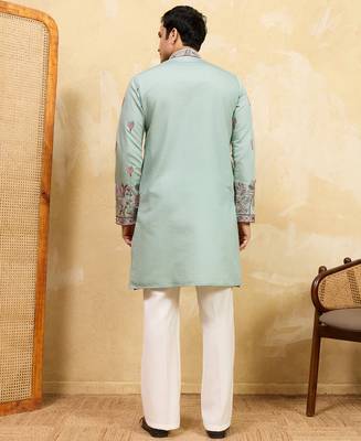 Pistachio viscose silk thread & sequence embroidered work kurta with dupatta 4